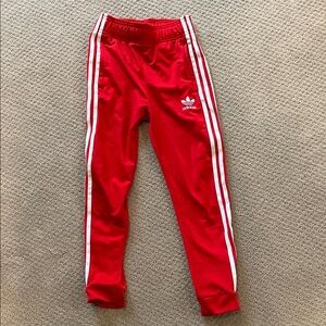 Adidas Kids Red Joggers with White Stripes